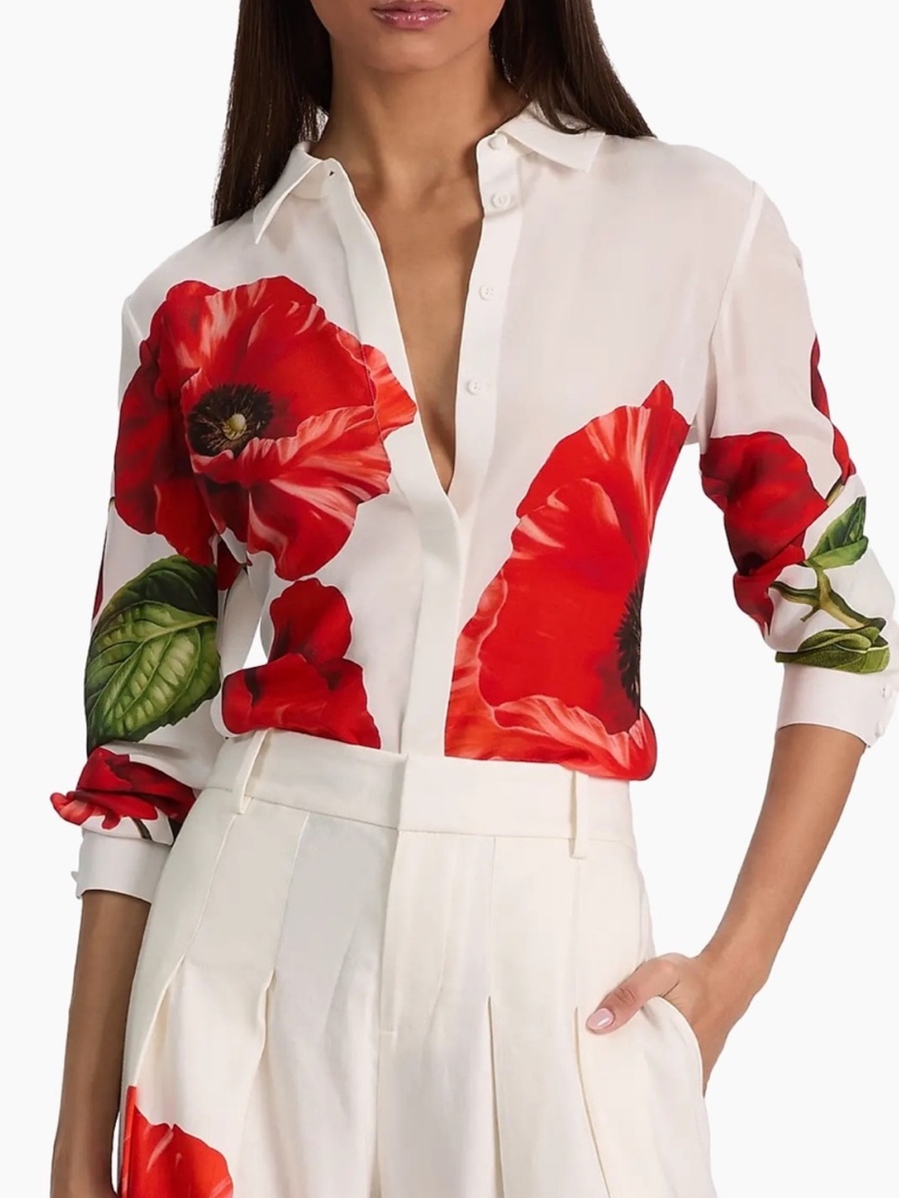 Alice and Olivia Willa Floral Silk Shirt Summer Poppy - Picture 1 of 10